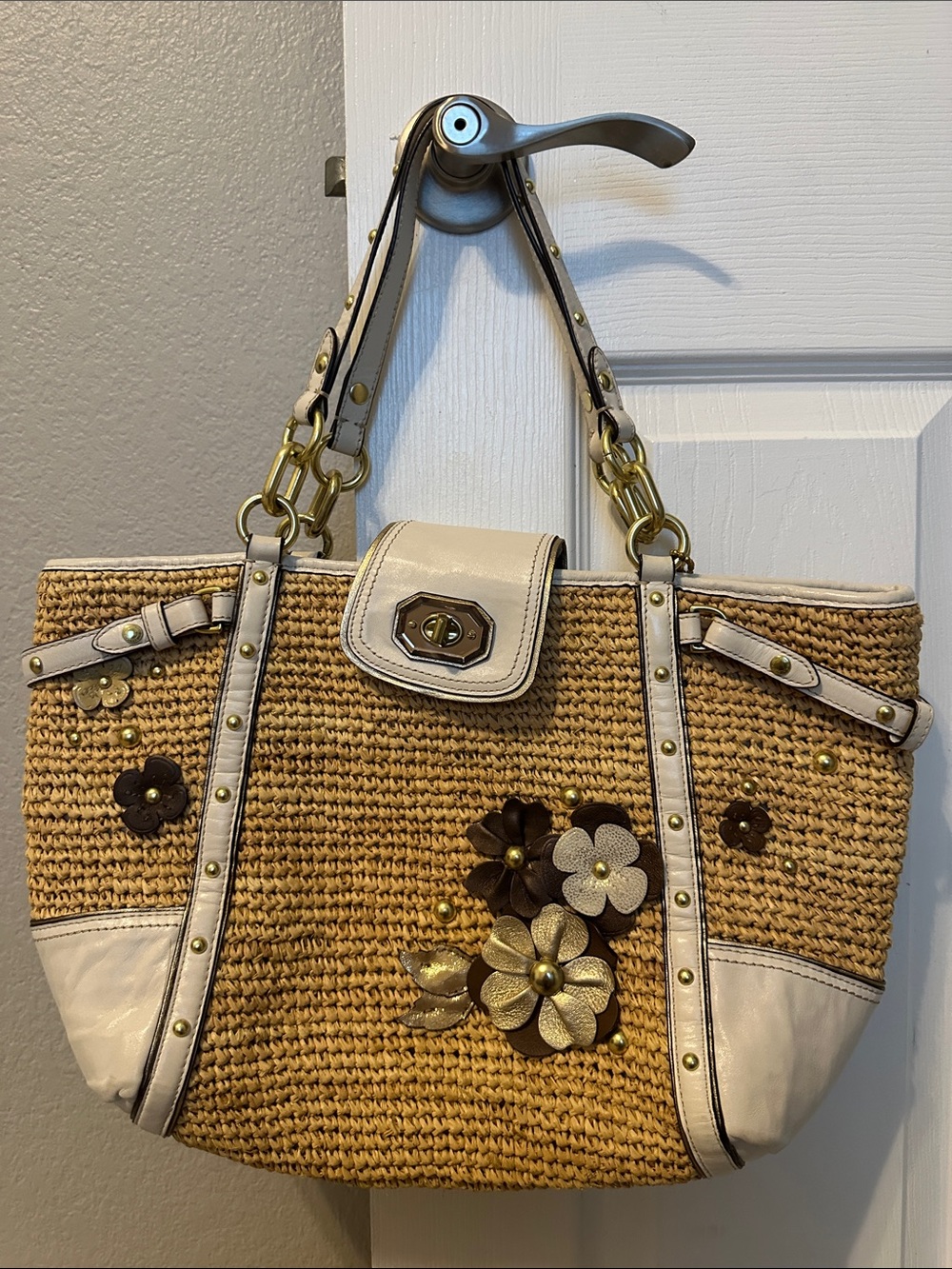 COACH Woven Straw Floral Tote with Cream Trim